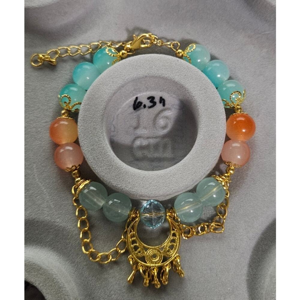 Orange Blue Wire Beaded Bracelet w Moon Dangle Charms #18